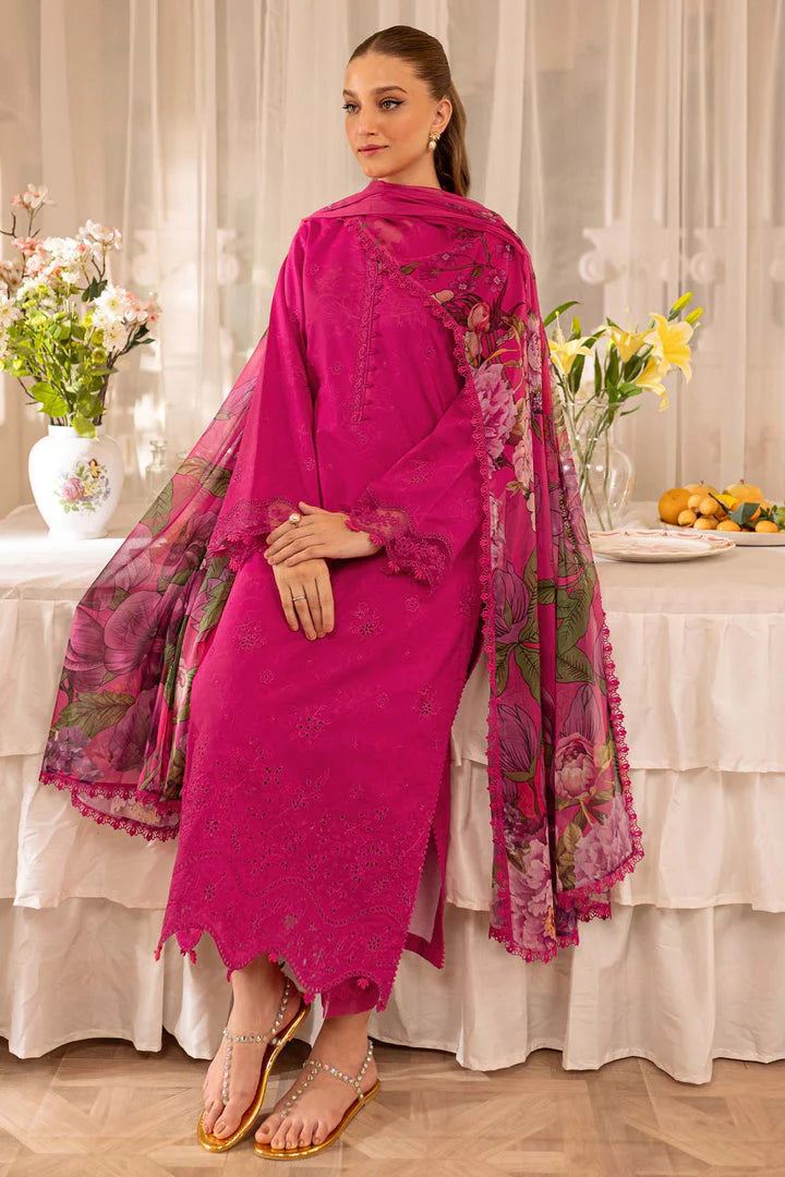 Magenta Pink Embroidered 3-Piece Suit with Printed Dupatta