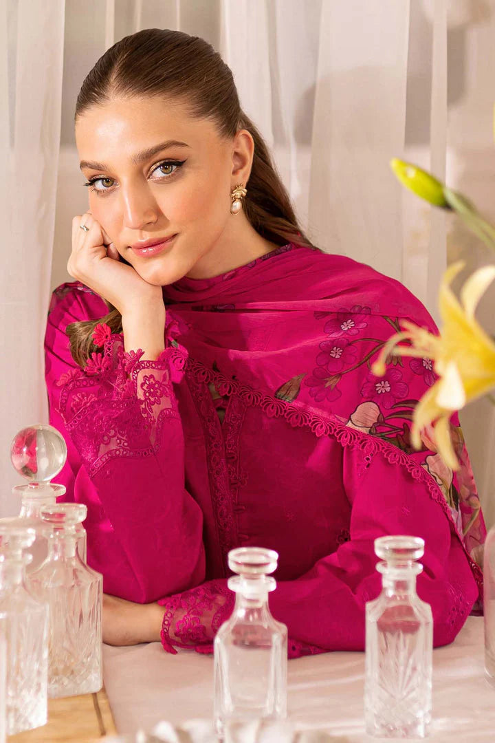 Magenta Pink Embroidered 3-Piece Suit with Printed Dupatta