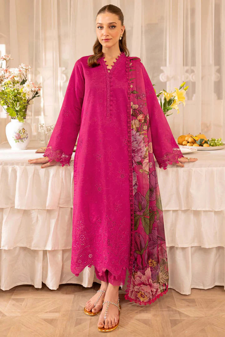 Magenta Pink Embroidered 3-Piece Suit with Printed Dupatta