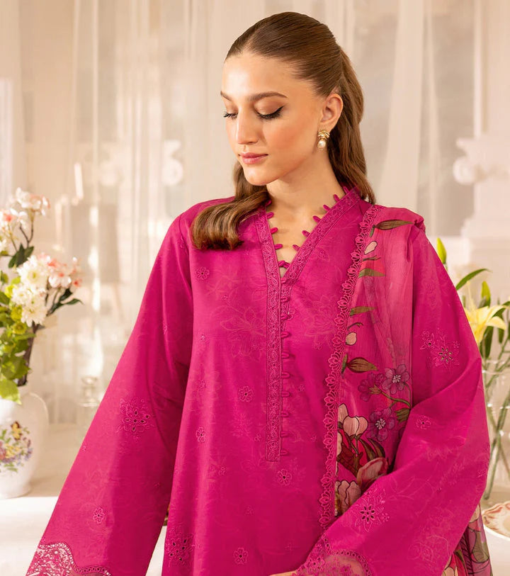 Magenta Pink Embroidered 3-Piece Suit with Printed Dupatta