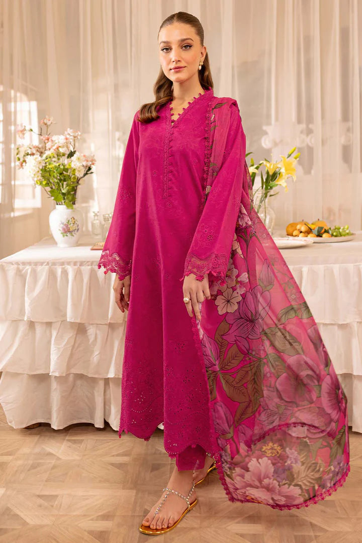 Magenta Pink Embroidered 3-Piece Suit with Printed Dupatta