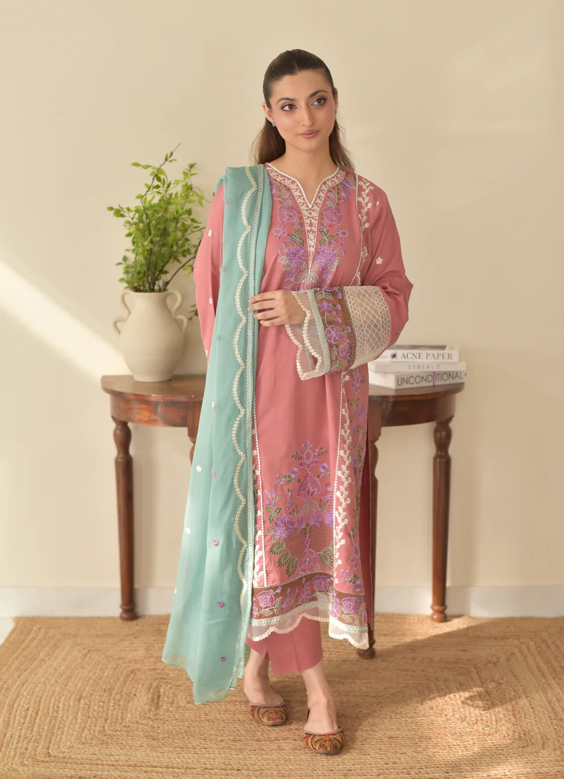 3 pcs Embroidered Dress-Rose Set