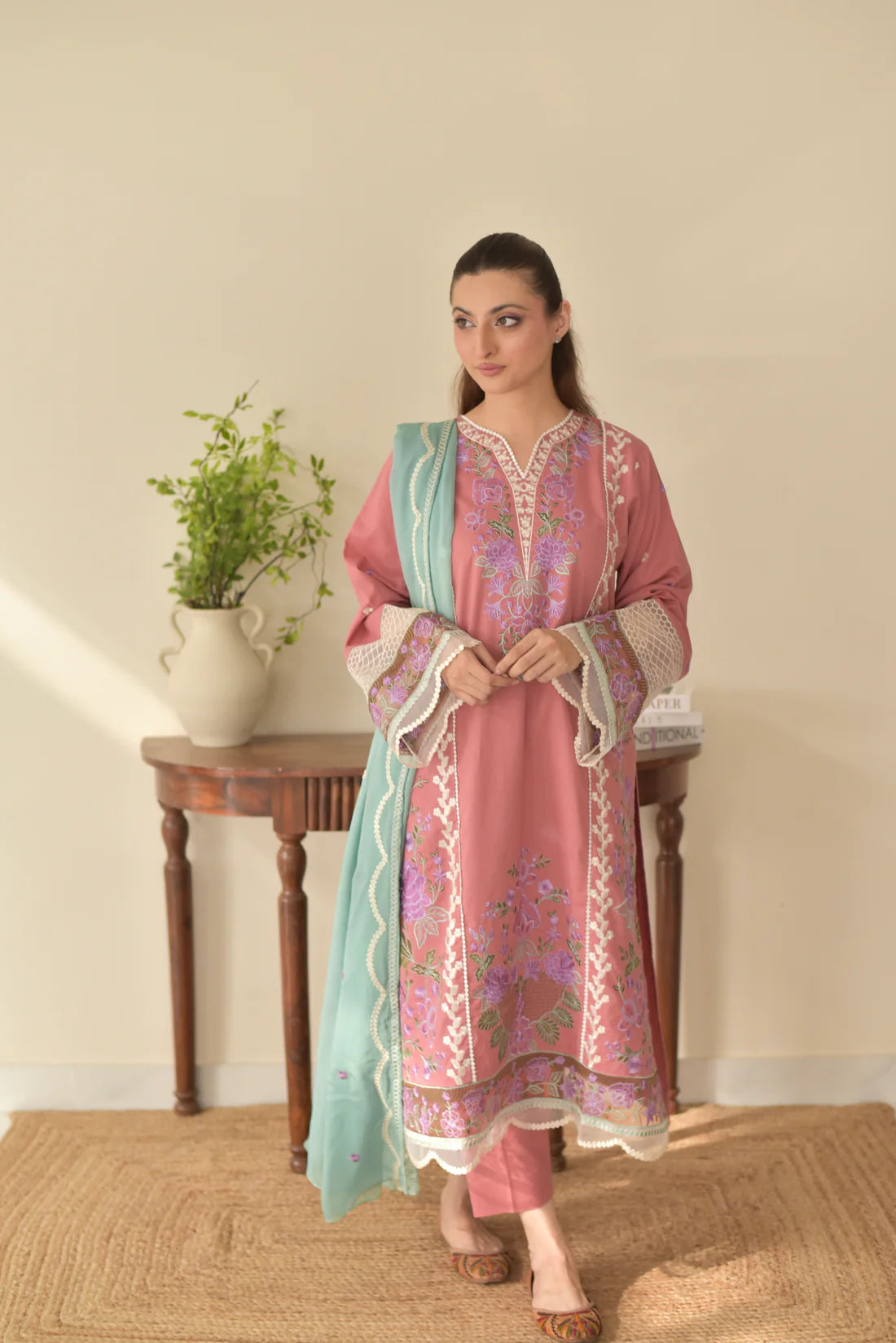 3 pcs Embroidered Dress-Rose Set