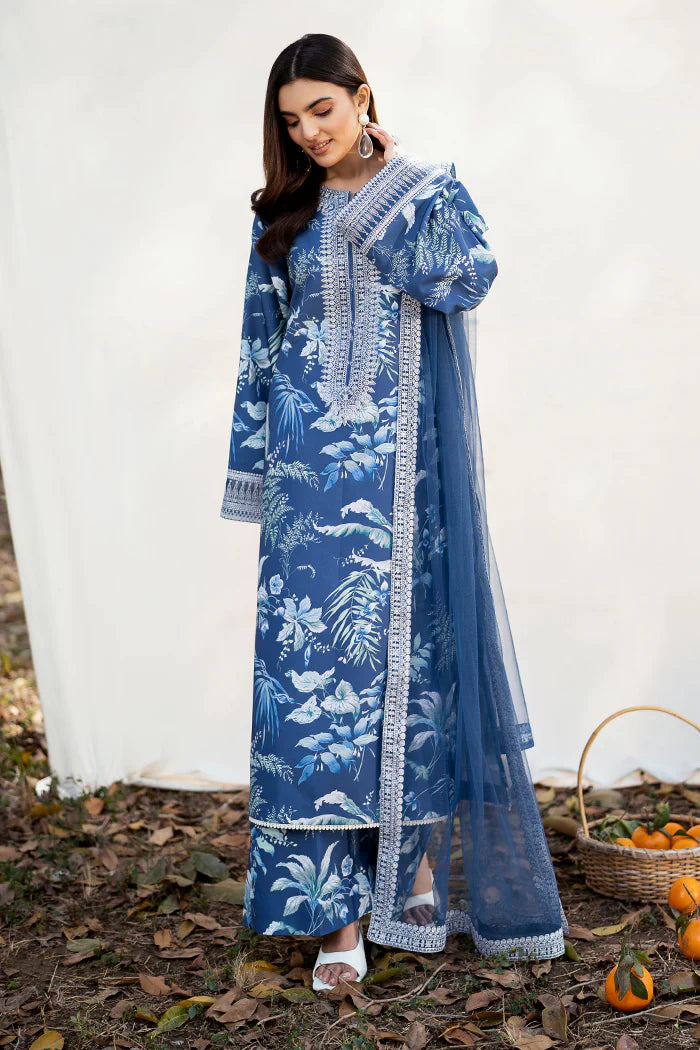 Blue Embroidered 3-Piece Suit with White Detailing