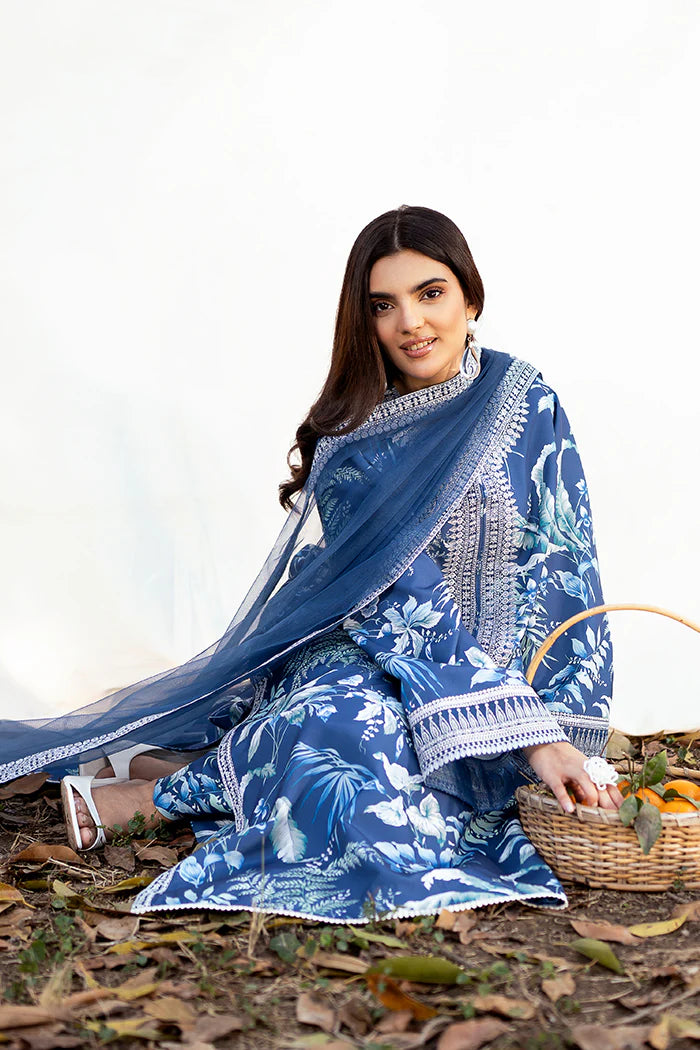 Blue Embroidered 3-Piece Suit with White Detailing