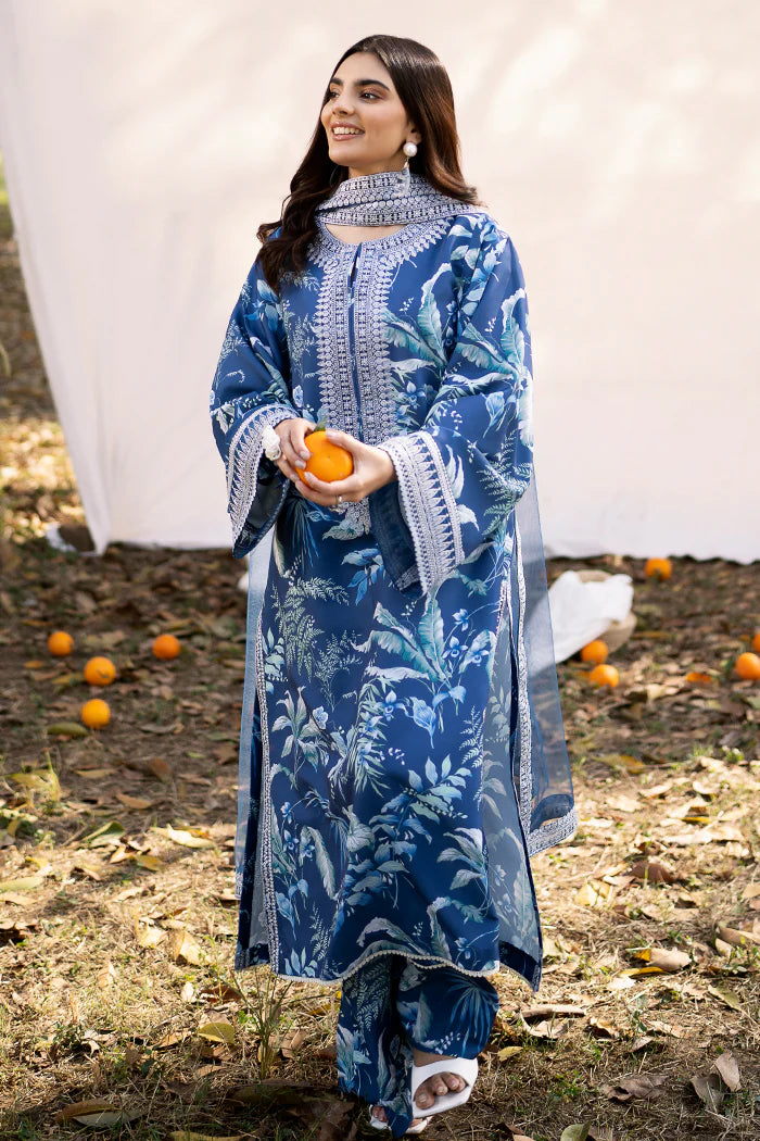 Blue Embroidered 3-Piece Suit with White Detailing