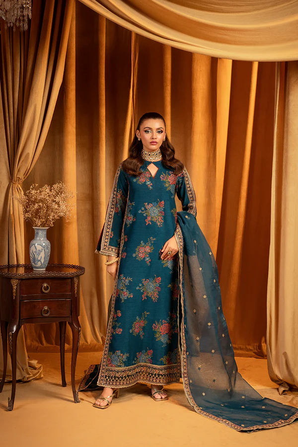 Elegant Teal Floral Embroidered 3-Piece Suit