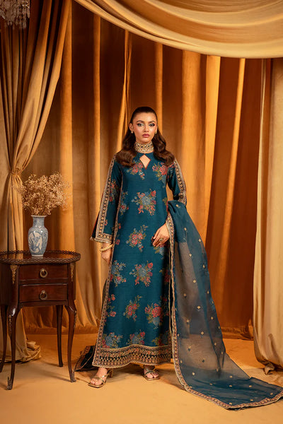 Elegant Teal Floral Embroidered 3-Piece Suit