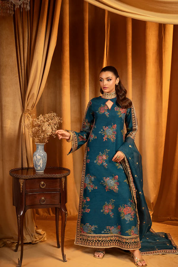 Elegant Teal Floral Embroidered 3-Piece Suit