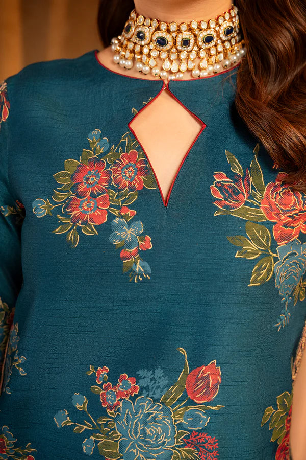 Elegant Teal Floral Embroidered 3-Piece Suit