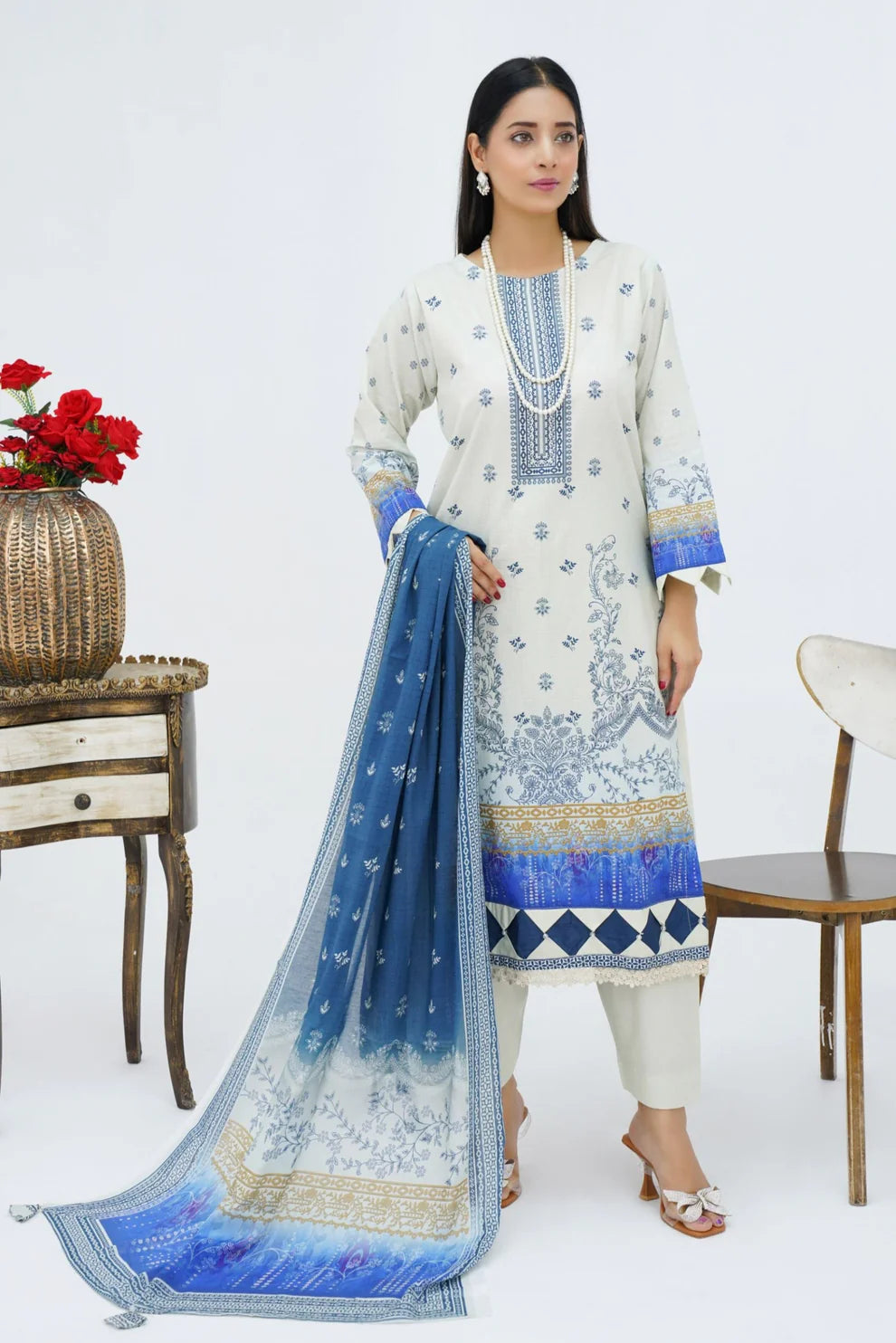 Blue & White Printed Winter 3-Piece Suit