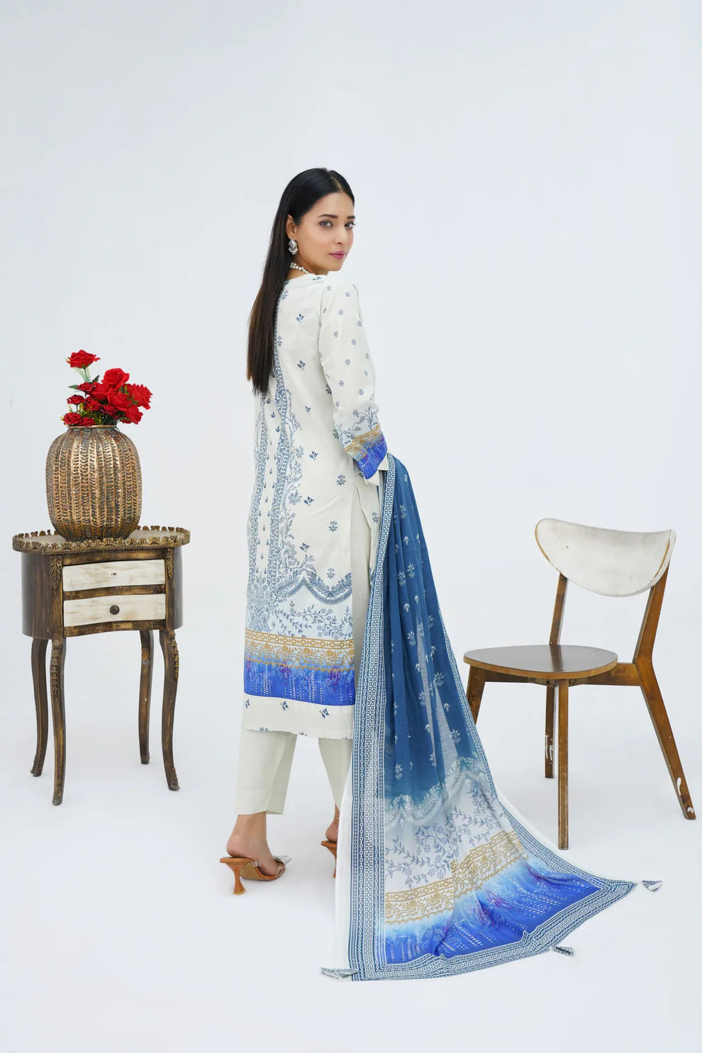 Blue & White Printed Winter 3-Piece Suit