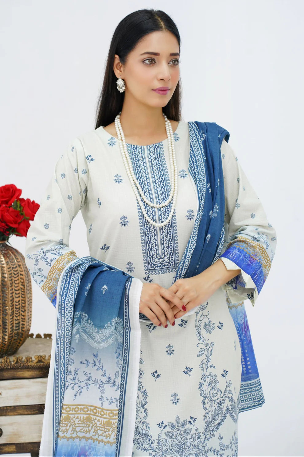 Blue & White Printed Winter 3-Piece Suit