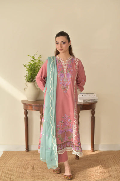 3 pcs Embroidered Dress-Rose Set