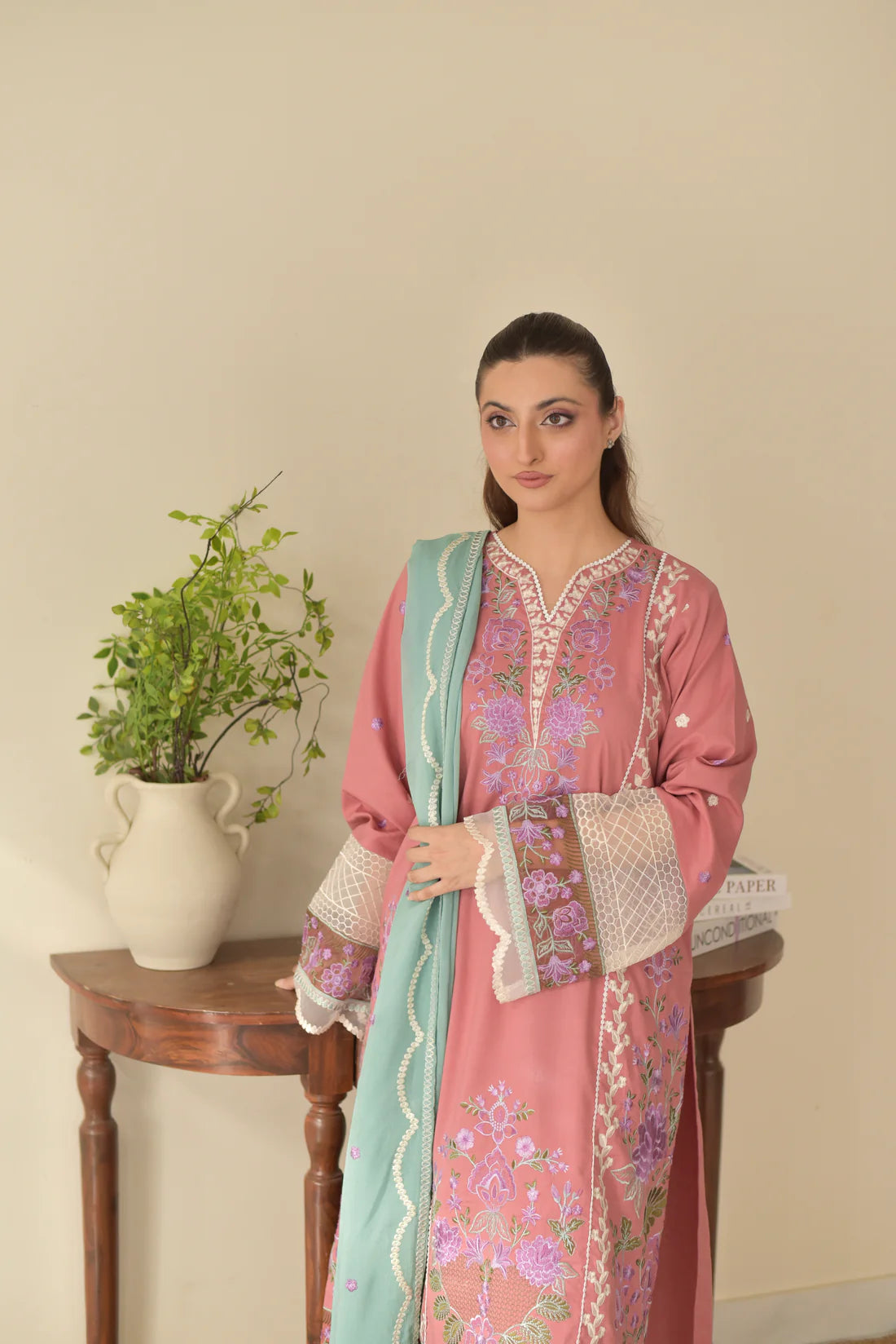 3 pcs Embroidered Dress-Rose Set