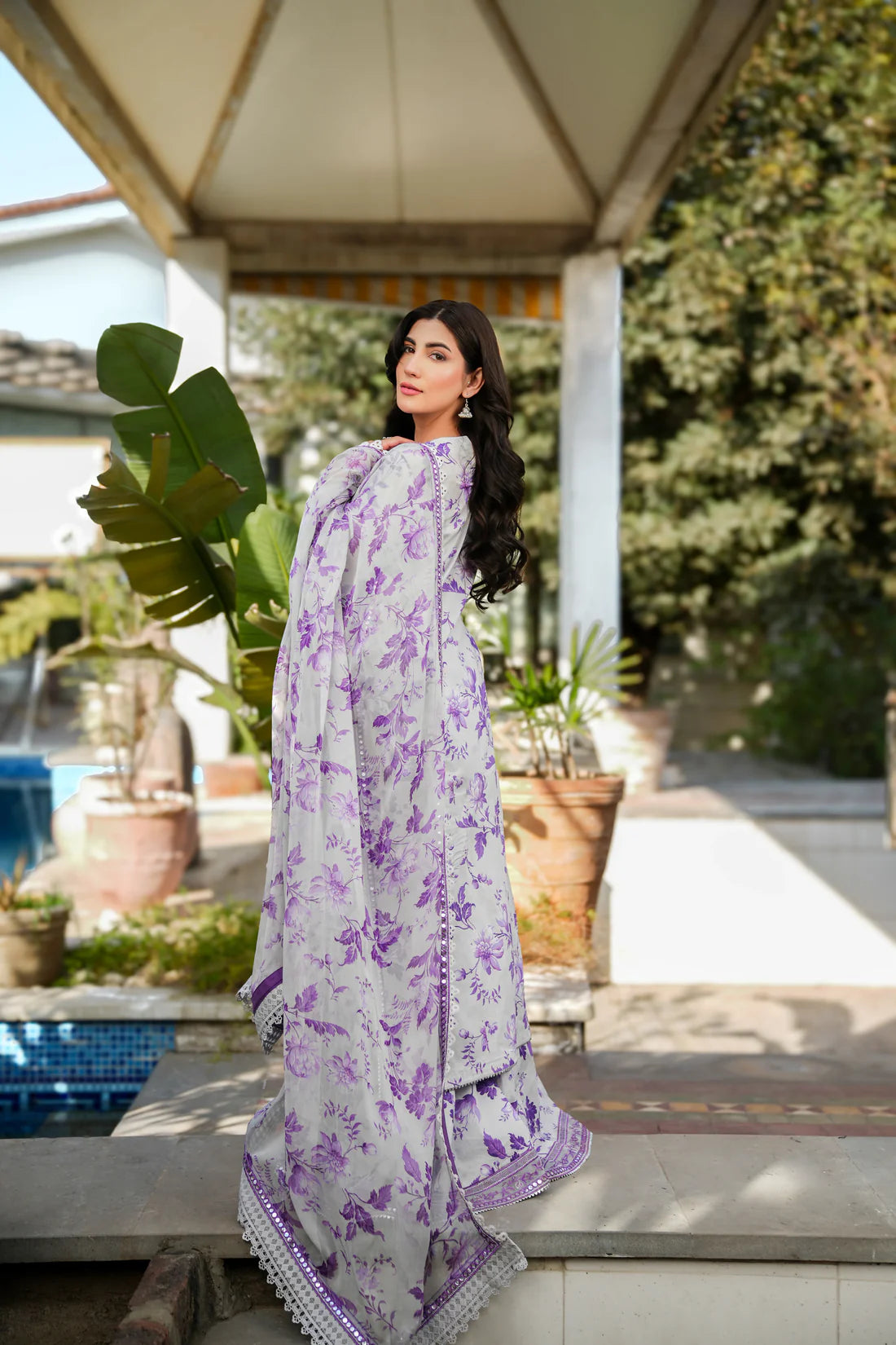 Elegant 3 Piece Purple Floral Lawn Suit with Printed Dupatta