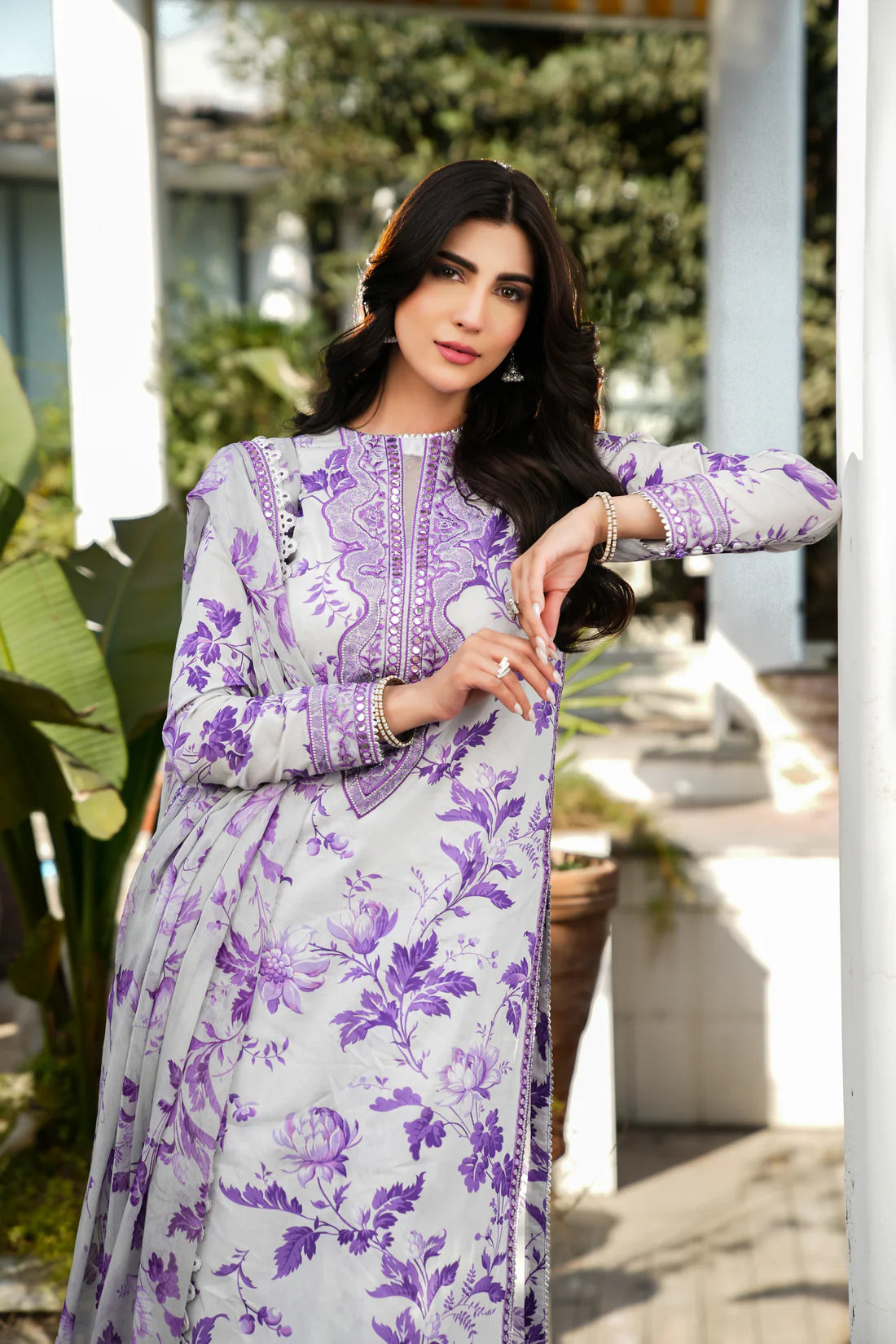 Elegant 3 Piece Purple Floral Lawn Suit with Printed Dupatta