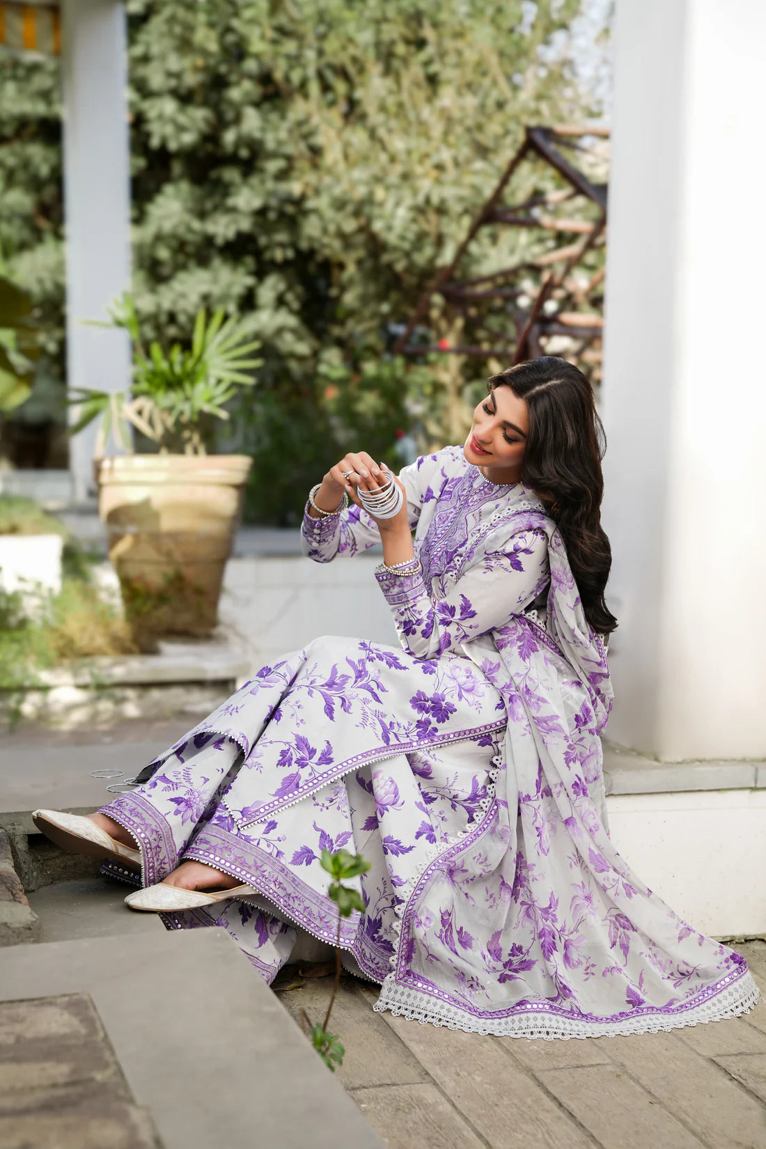 Elegant 3 Piece Purple Floral Lawn Suit with Printed Dupatta