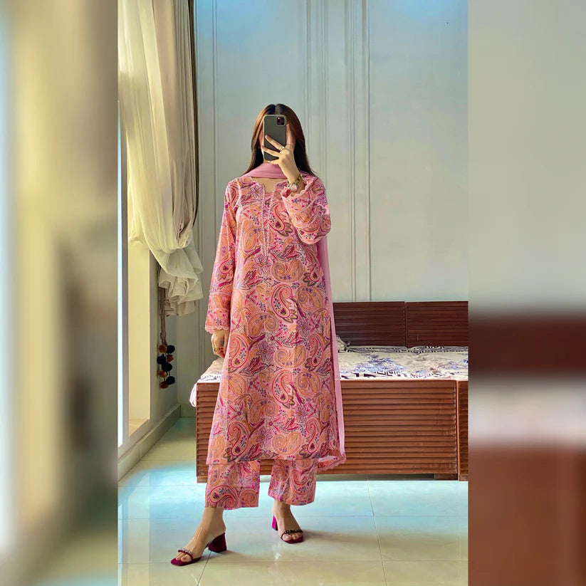 Flamingo Pink Printed 3PC