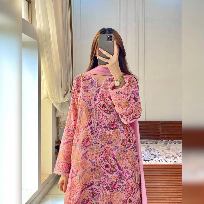 Flamingo Pink Printed 3PC