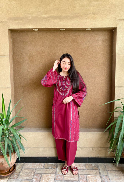 2 Piece Embroidered Lawn Suit – Deep Maroon Kurta & Trouser