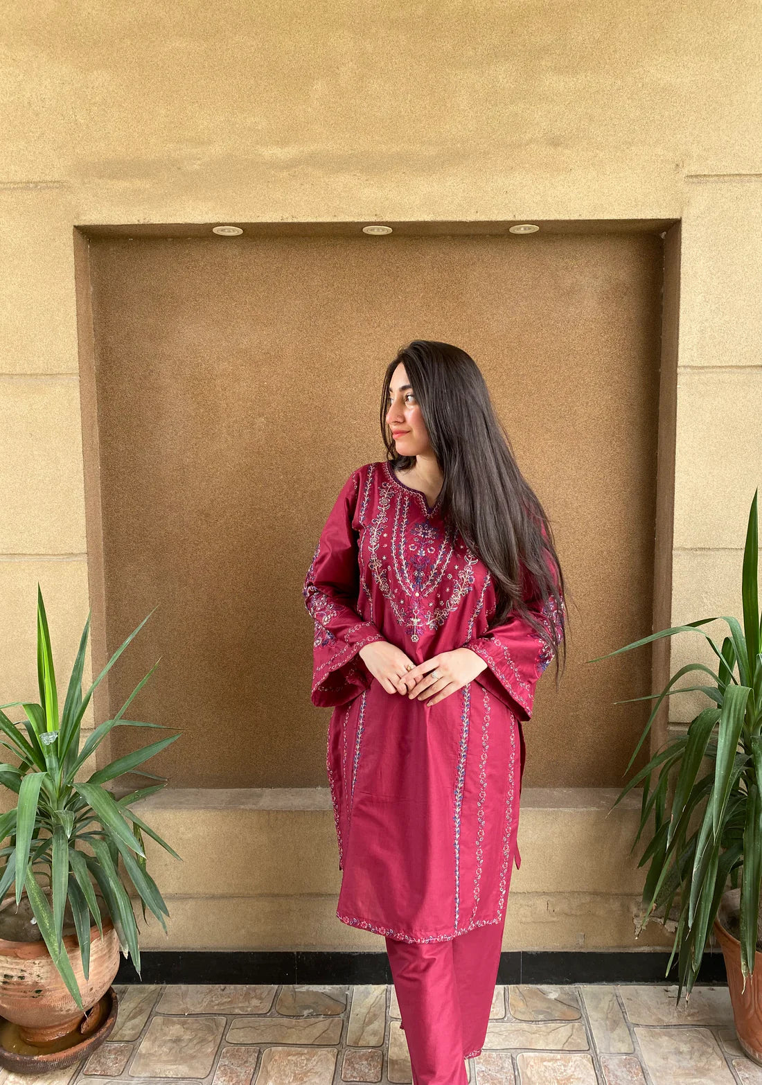 2 Piece Embroidered Lawn Suit – Deep Maroon Kurta & Trouser