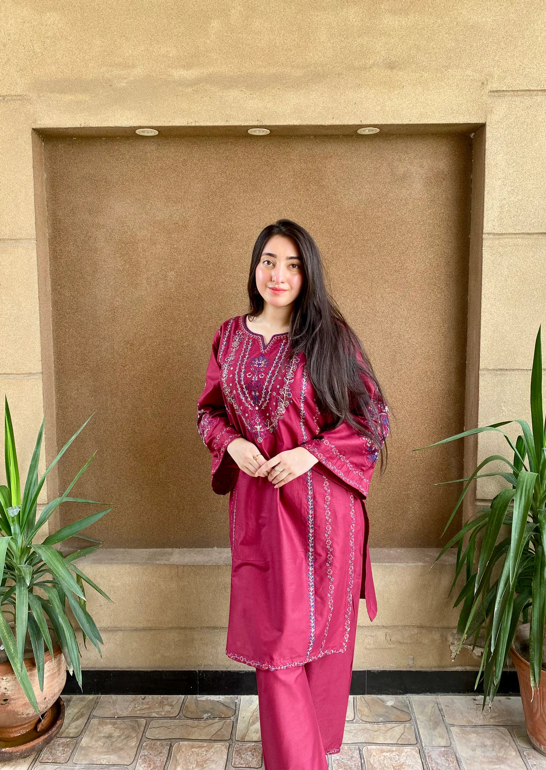 2 Piece Embroidered Lawn Suit – Deep Maroon Kurta & Trouser