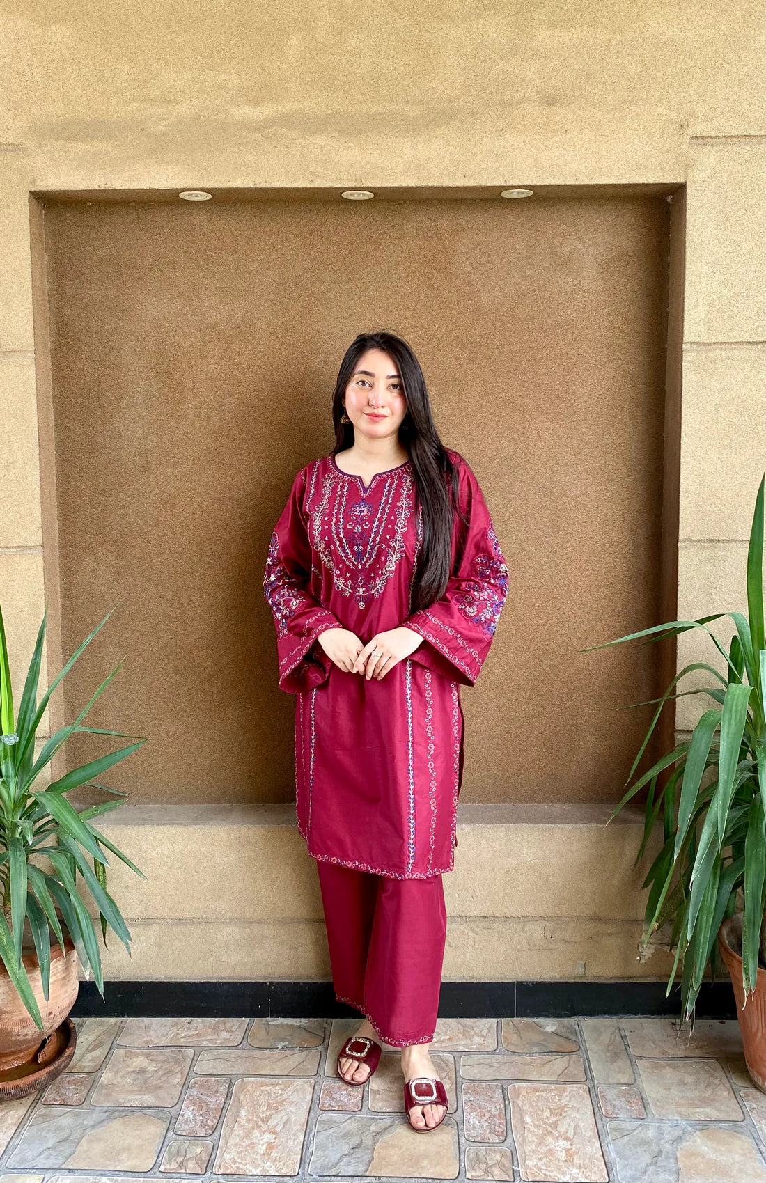 2 Piece Embroidered Lawn Suit – Deep Maroon Kurta & Trouser