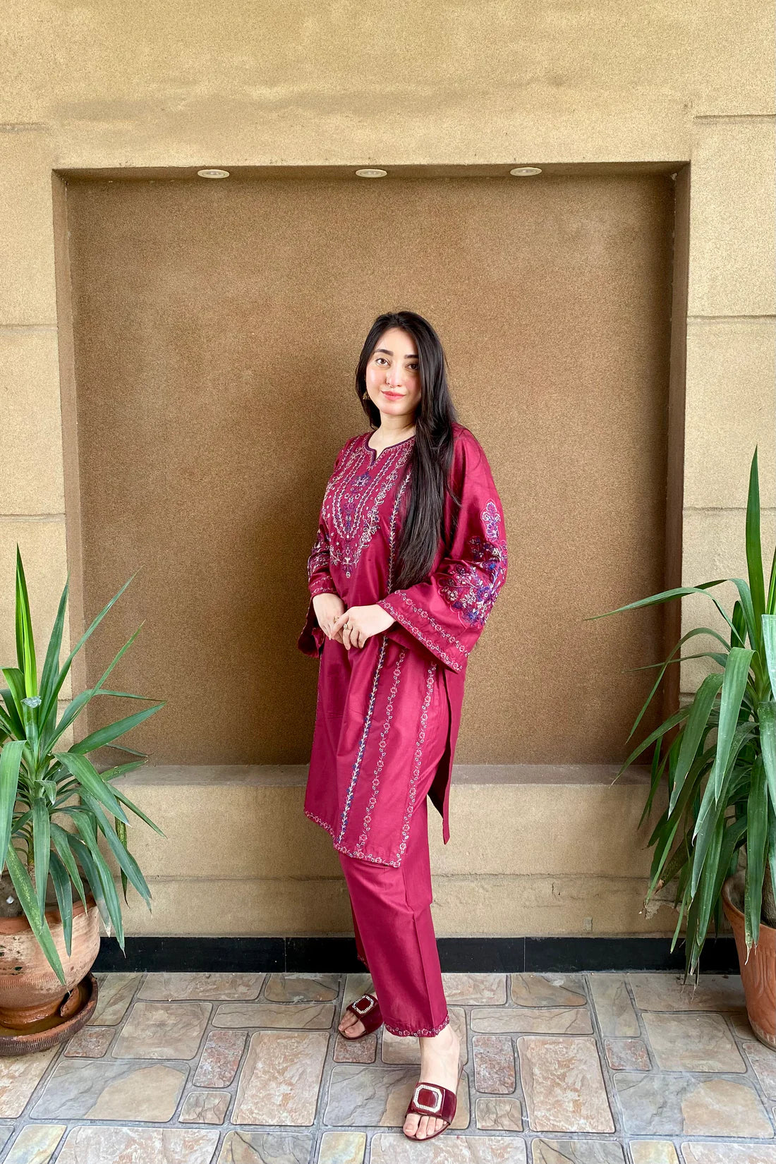 2 Piece Embroidered Lawn Suit – Deep Maroon Kurta & Trouser