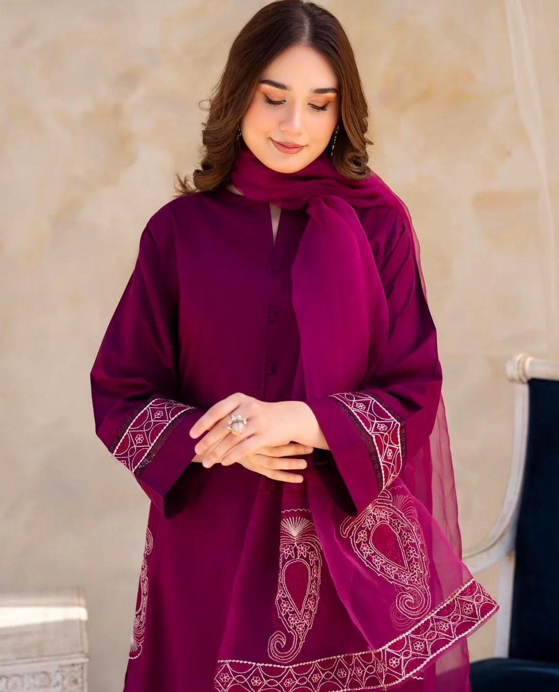 3 Piece Calico Embroidered Lawn Suit – Deep Red with Dupatta