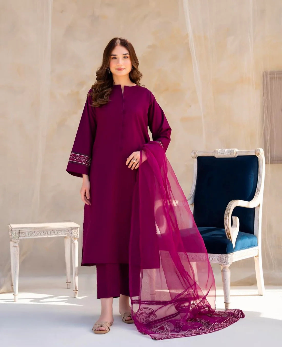 3 Piece Calico Embroidered Lawn Suit – Deep Red with Dupatta