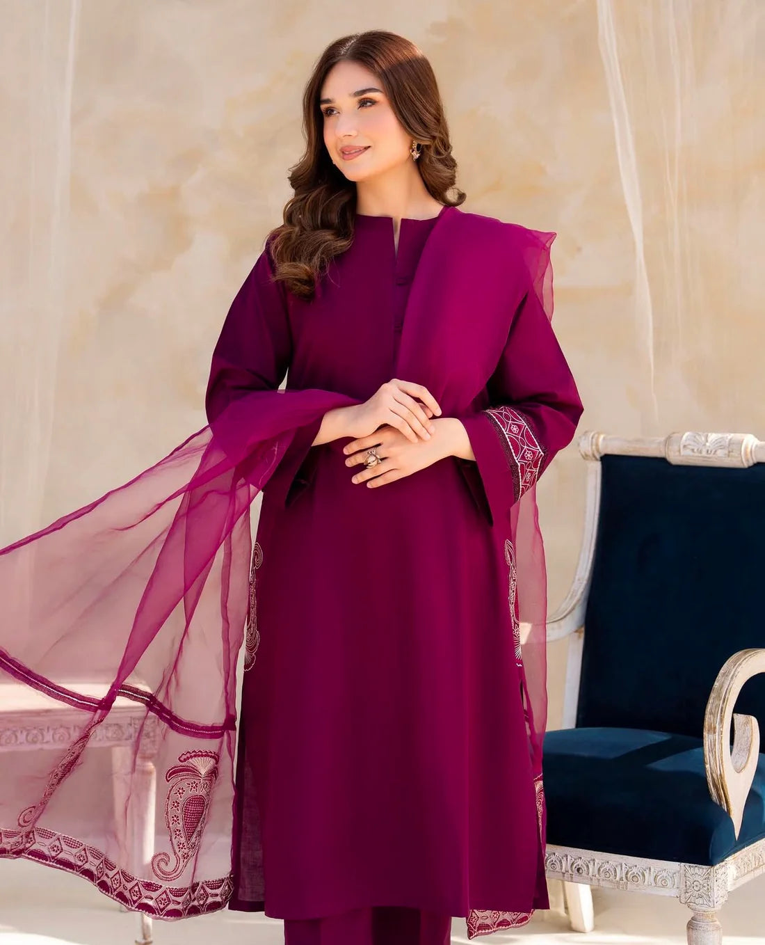 3 Piece Calico Embroidered Lawn Suit – Deep Red with Dupatta