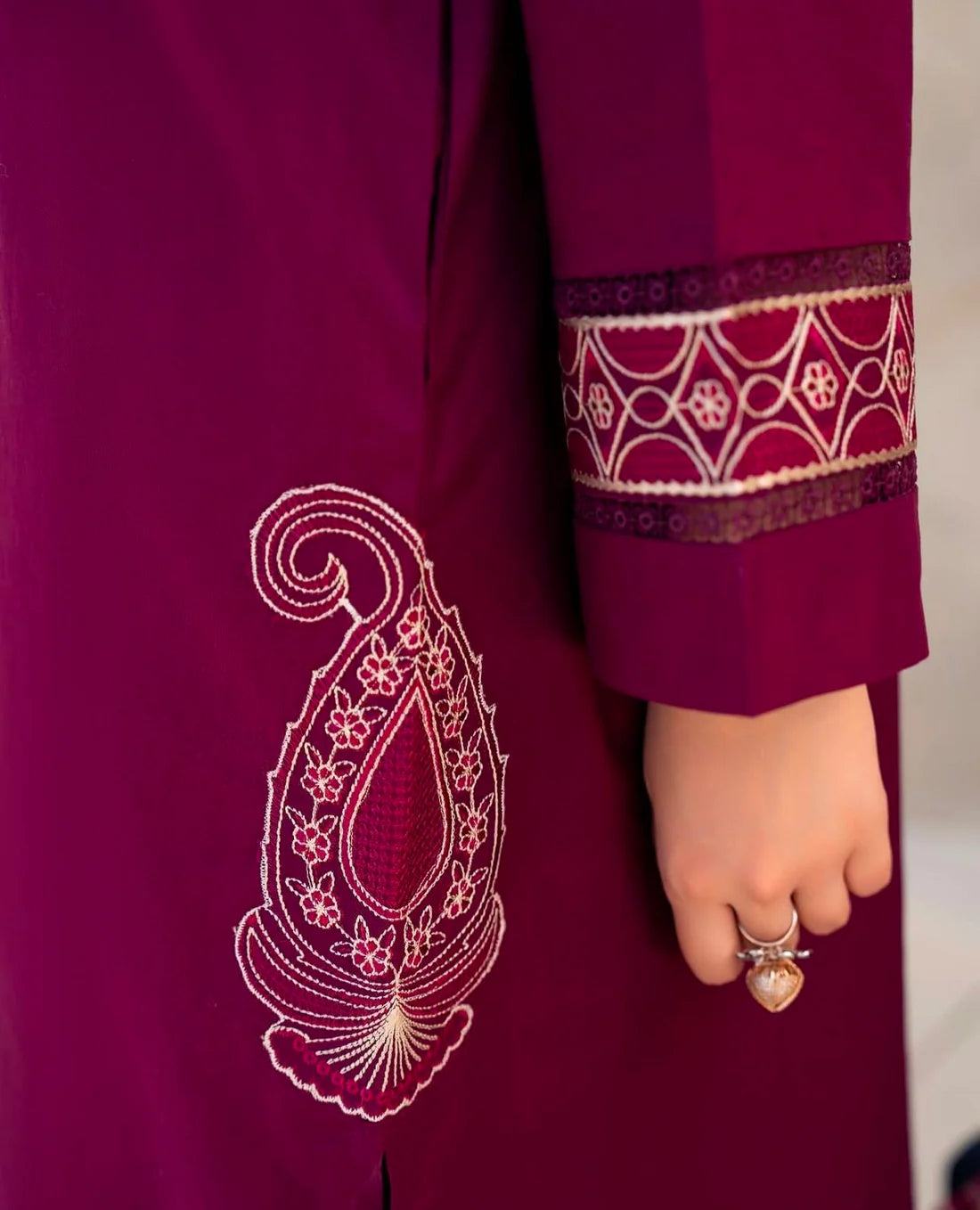 3 Piece Calico Embroidered Lawn Suit – Deep Red with Dupatta