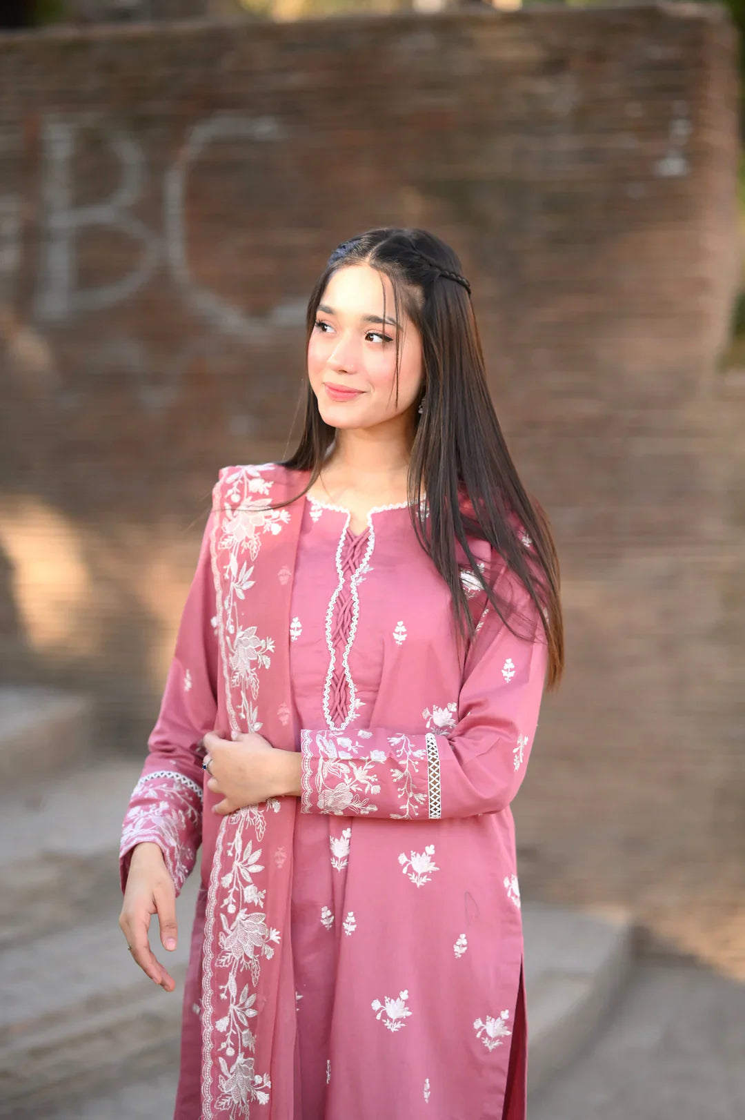 3 Piece Embroidered Lawn Suit – Rose Pink with Chiffon Dupatta