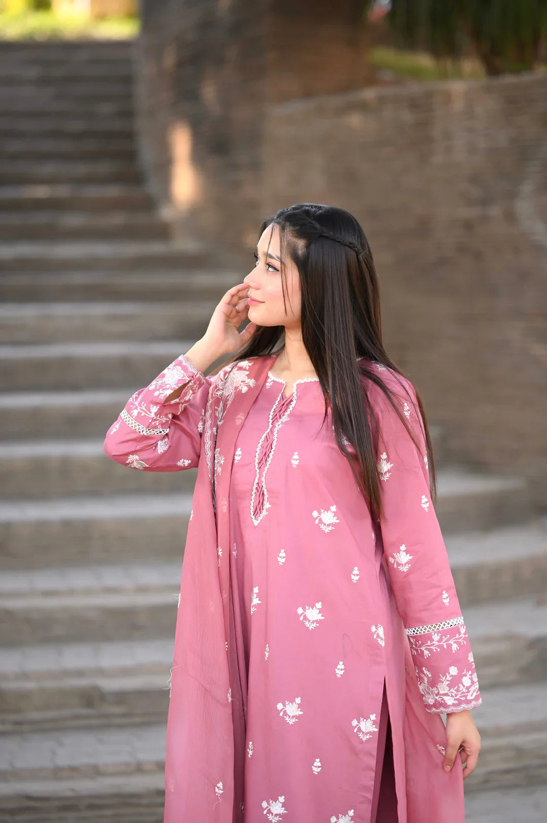 3 Piece Embroidered Lawn Suit – Rose Pink with Chiffon Dupatta