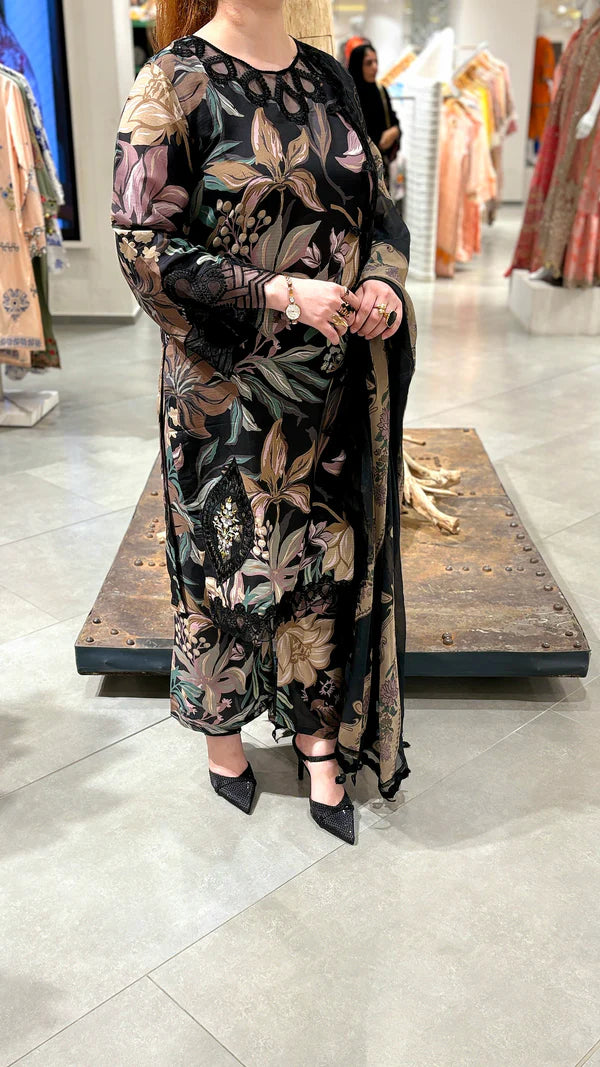 Black Floral Winter Embroidered 3-Piece Suit