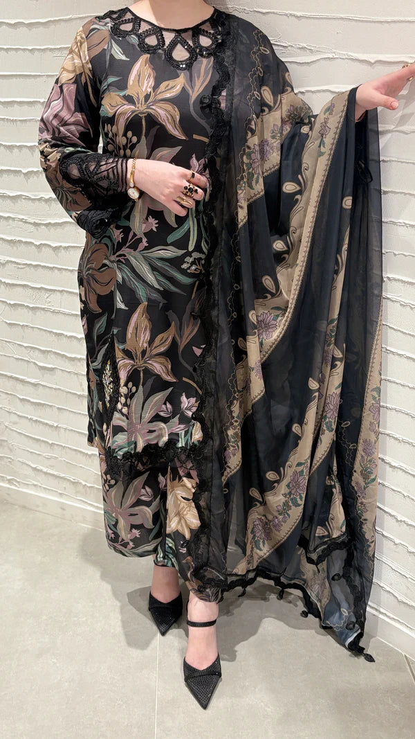 Black Floral Winter Embroidered 3-Piece Suit