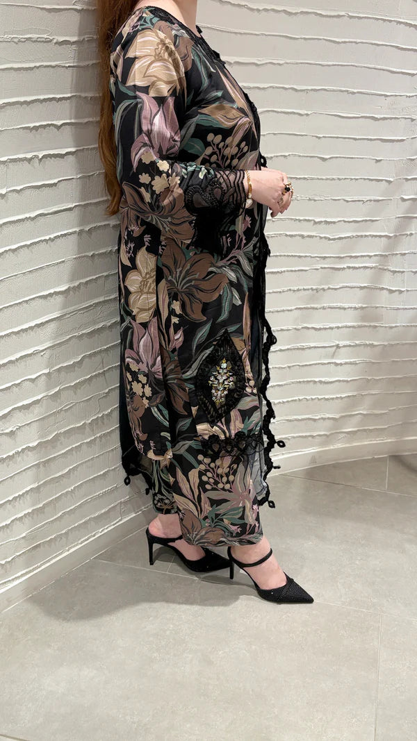 Black Floral Winter Embroidered 3-Piece Suit