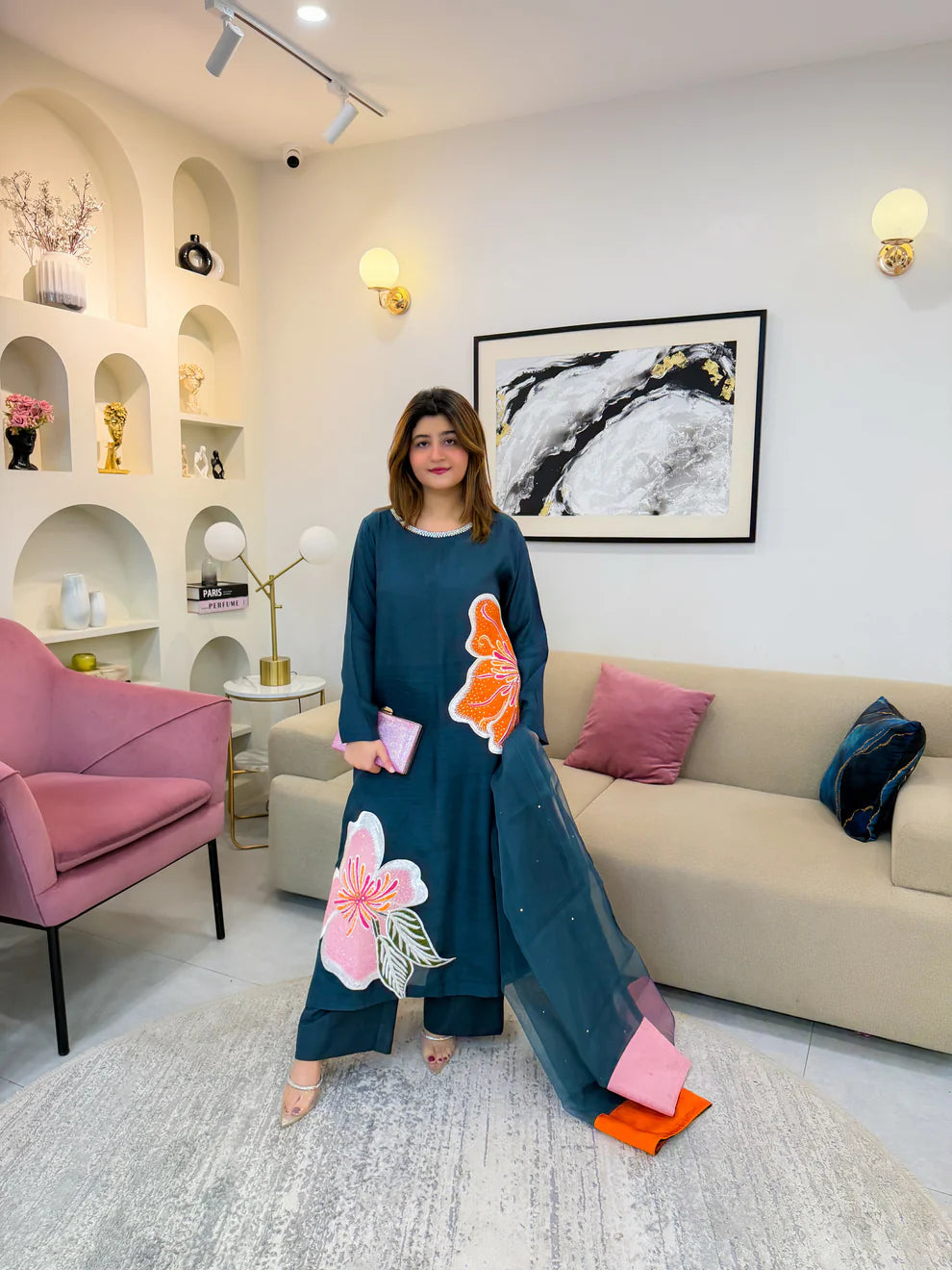 Teal Floral 3-Piece Ready-to-Wear Suit