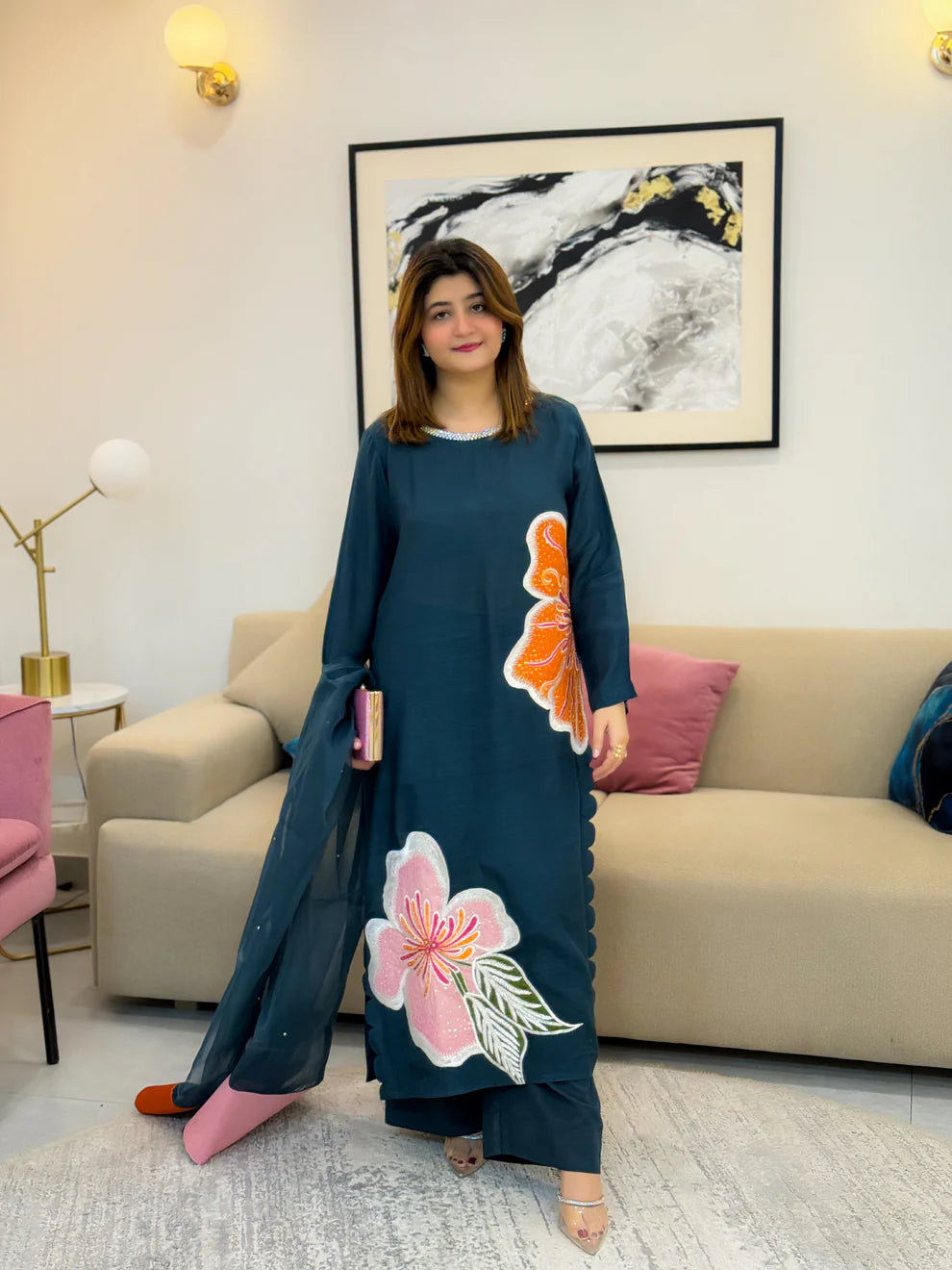 Teal Floral 3-Piece Ready-to-Wear Suit