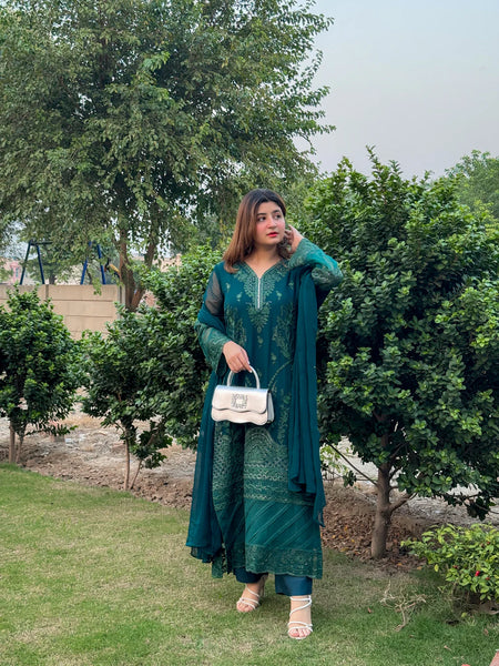 Teal Green Embroidered 3 Piece Winter Dress