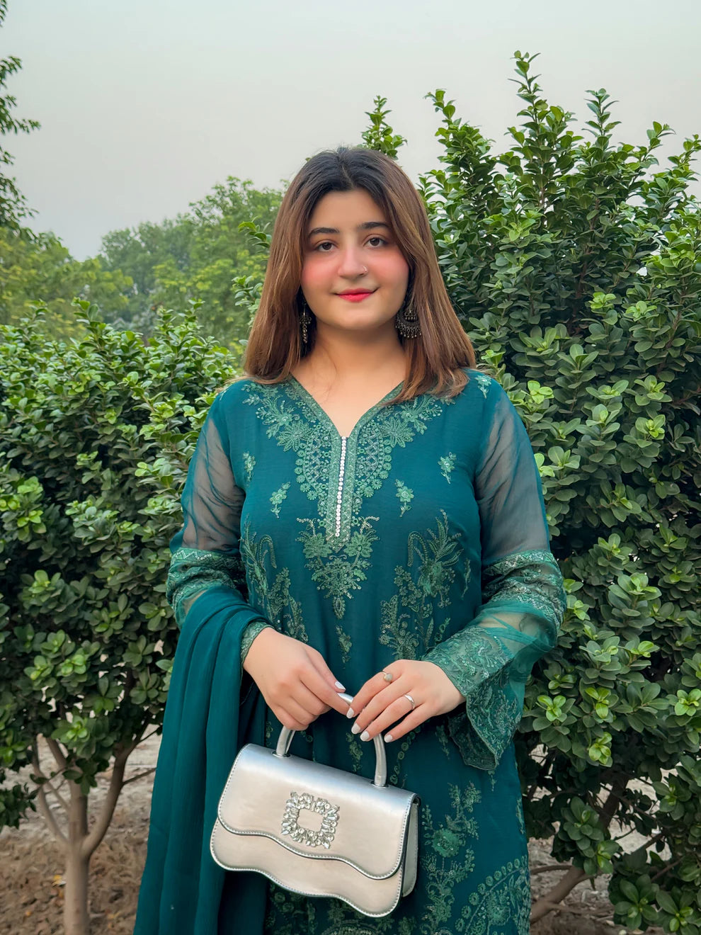 Teal Green Embroidered 3 Piece Winter Dress