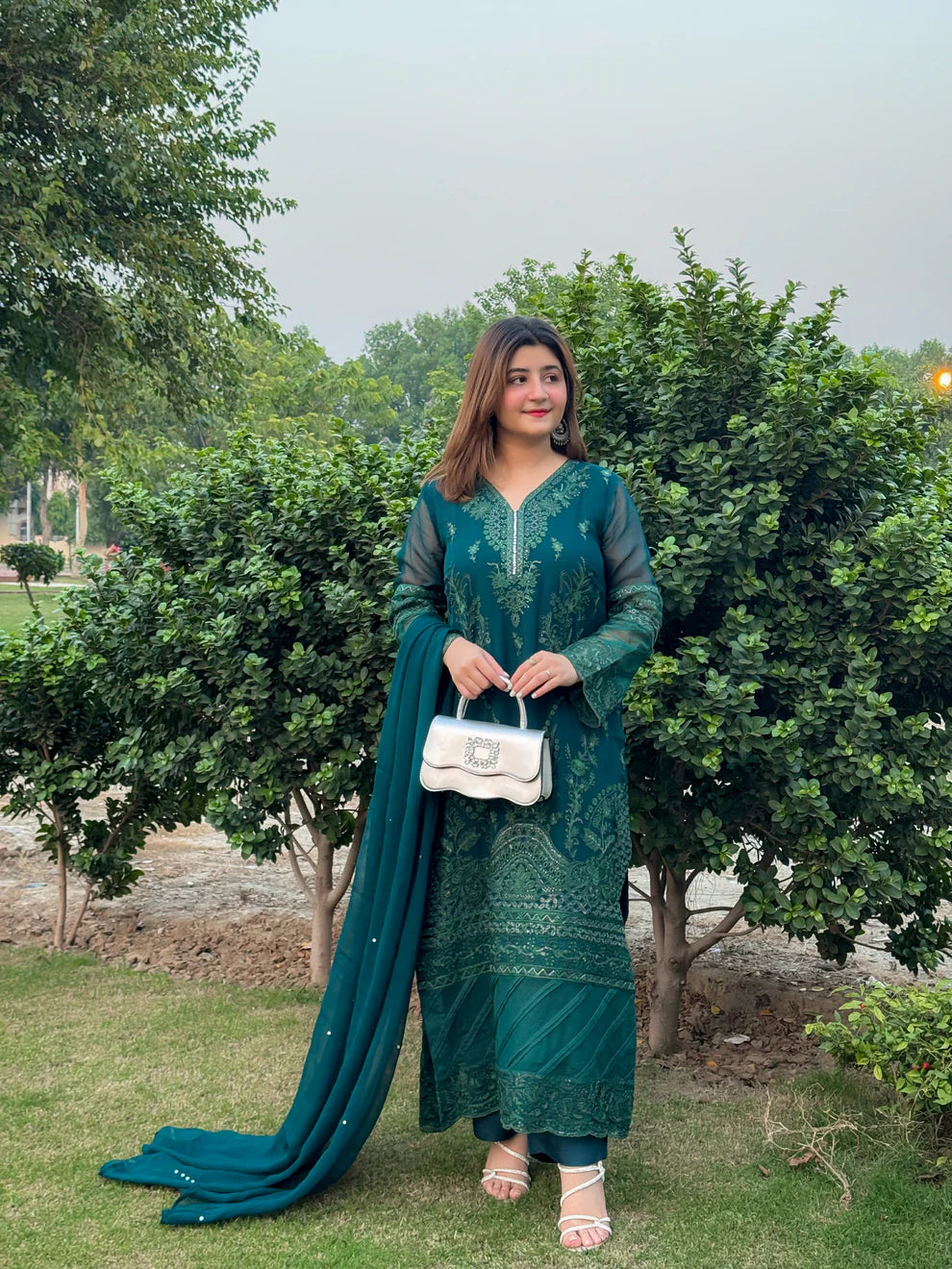 Teal Green Embroidered 3 Piece Winter Dress