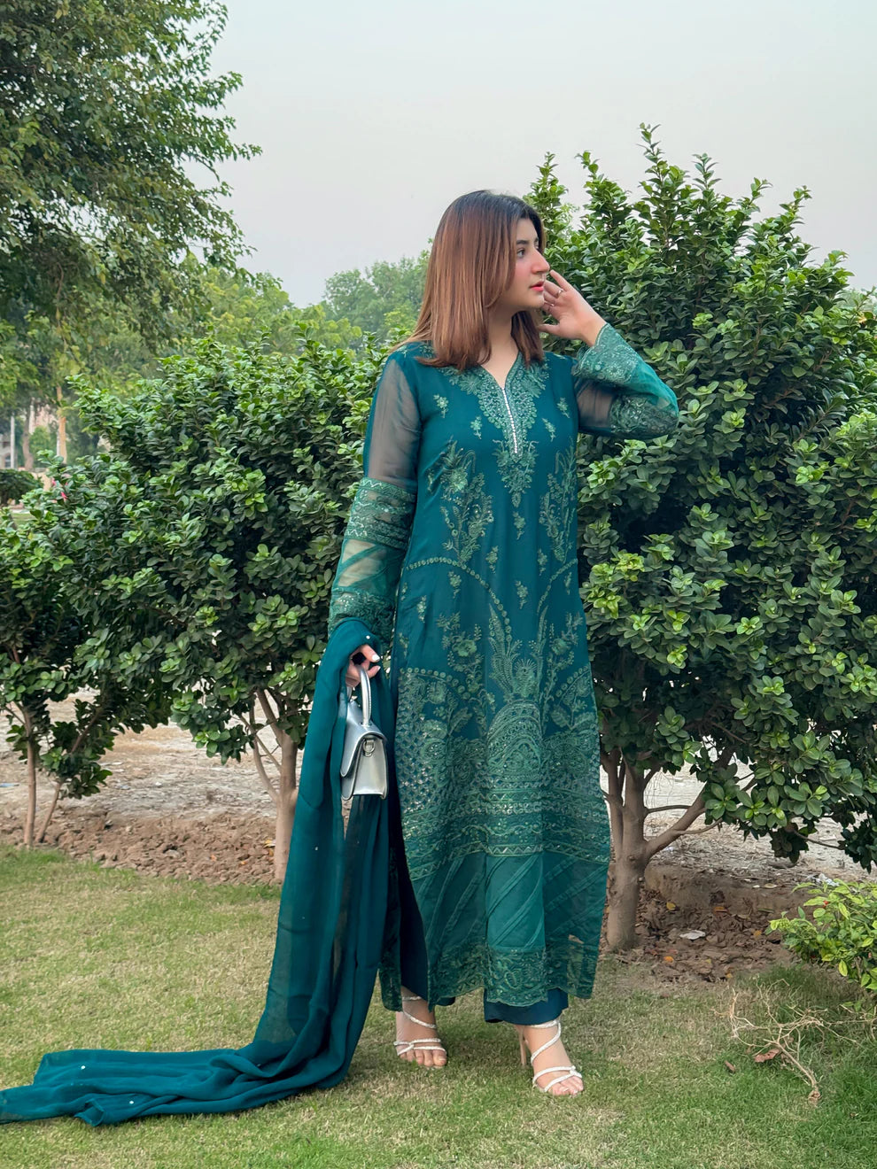 Teal Green Embroidered 3 Piece Winter Dress