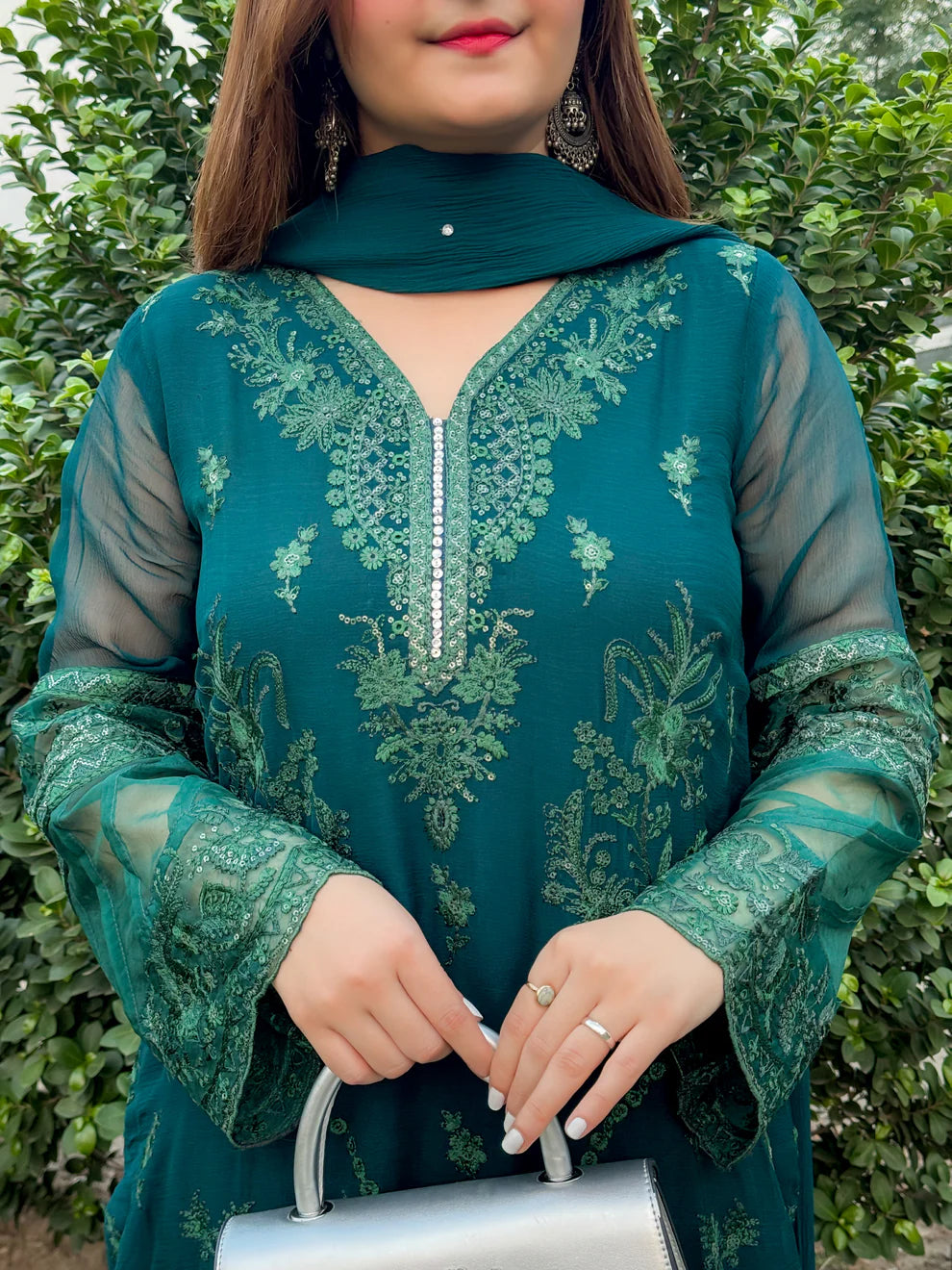 Teal Green Embroidered 3 Piece Winter Dress