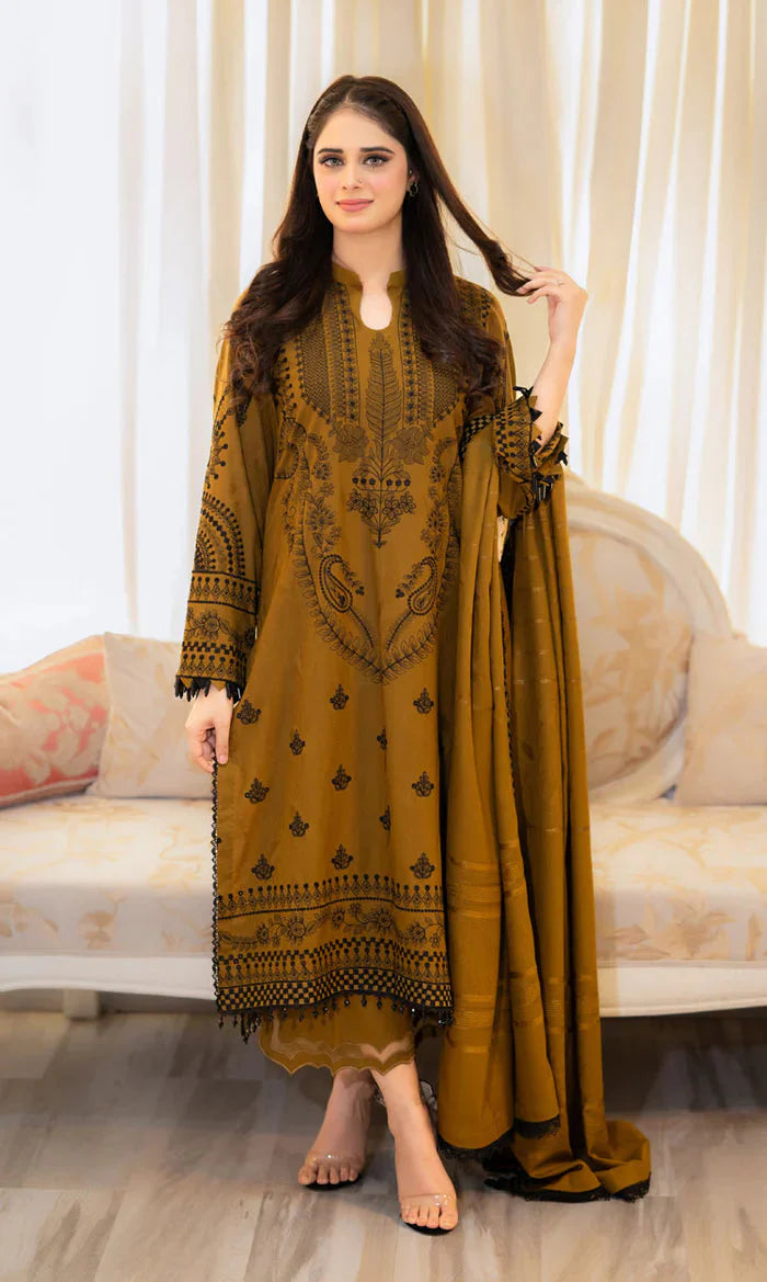 Mehndi Brown Embroidered 3-Piece Suit – Elegant Eastern Wear