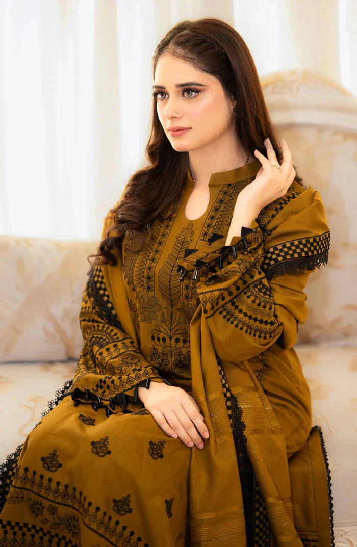 Mehndi Brown Embroidered 3-Piece Suit – Elegant Eastern Wear