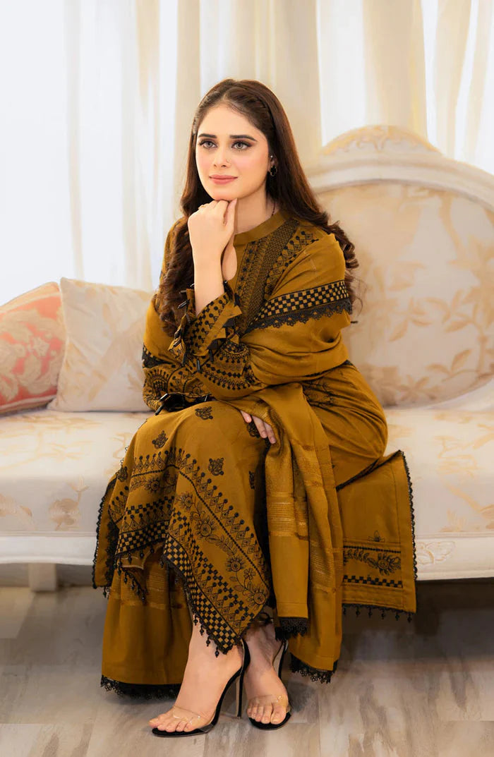 Mehndi Brown Embroidered 3-Piece Suit – Elegant Eastern Wear