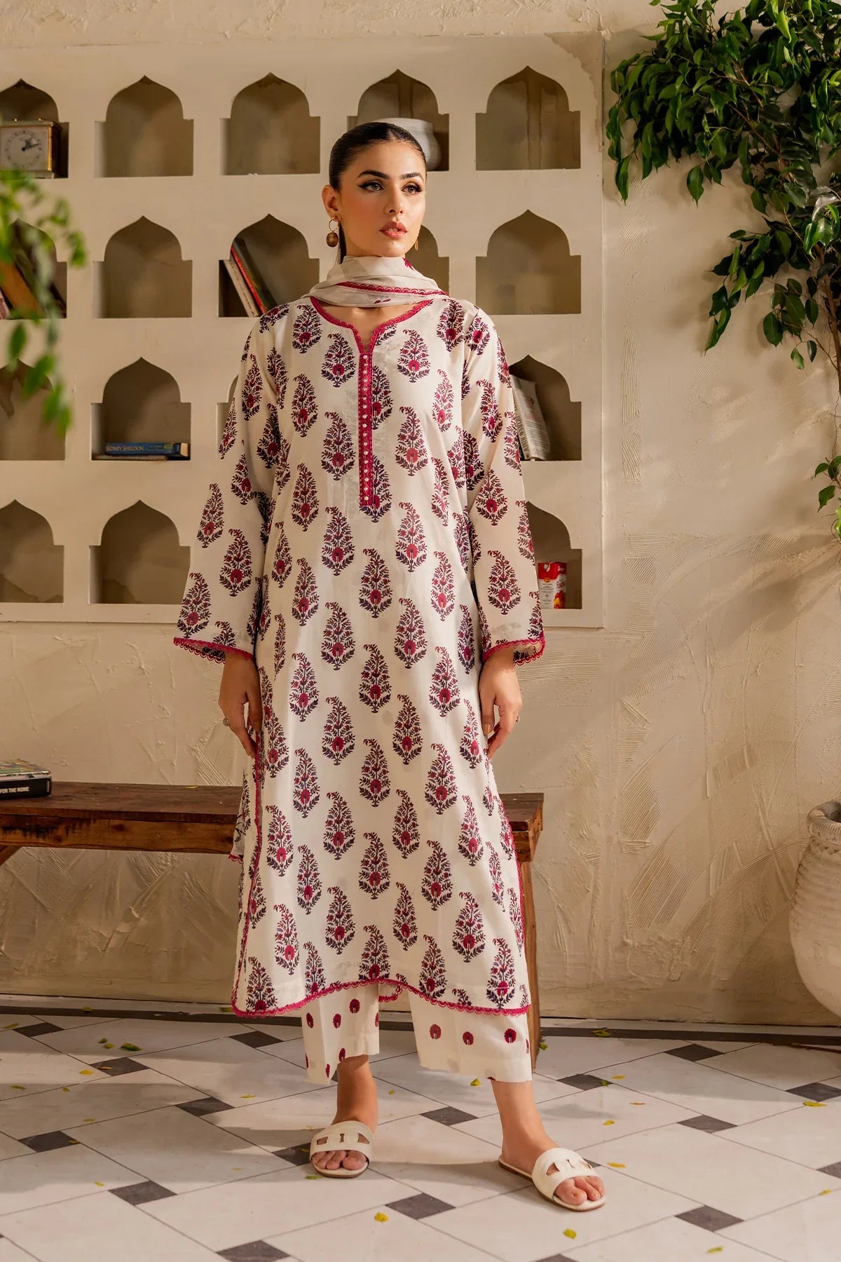 Classic Off-White & Maroon Printed Lawn Suit – 3 Piece Summer Wear