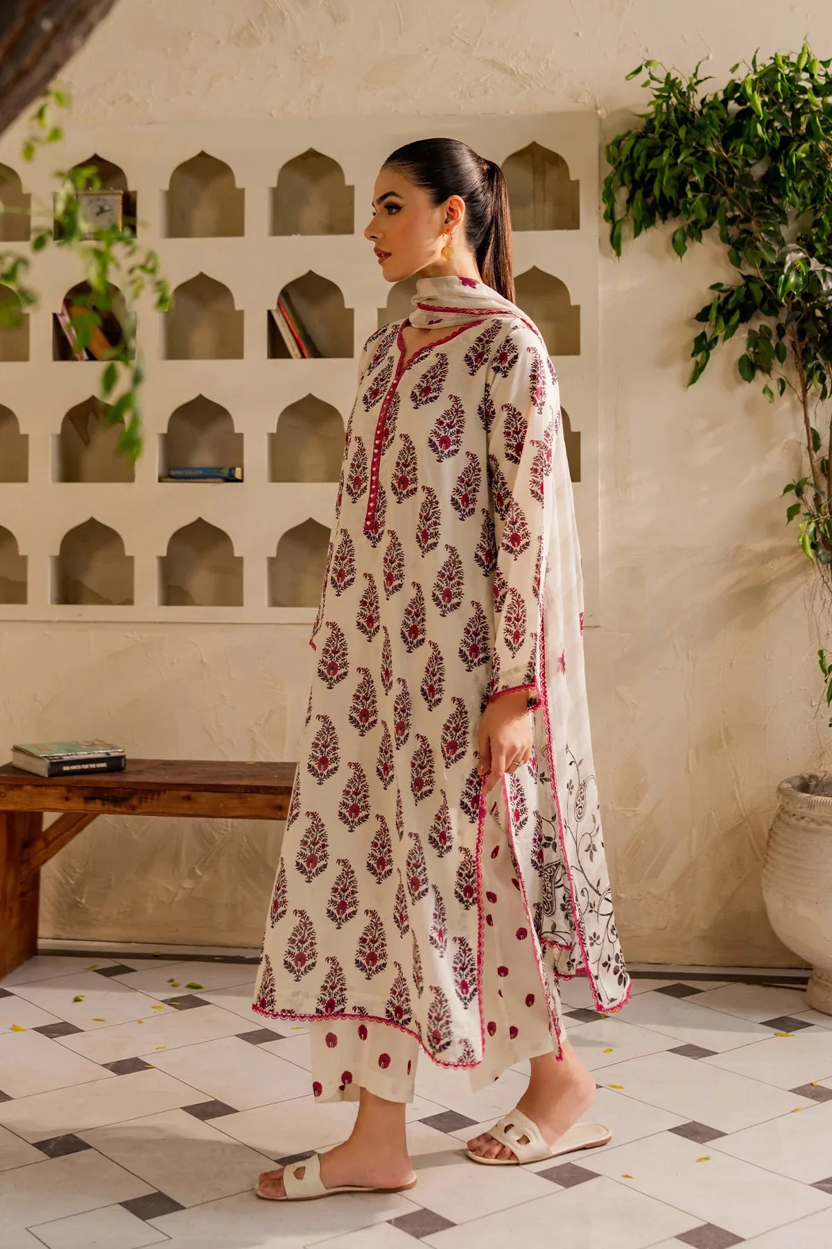 Classic Off-White & Maroon Printed Lawn Suit – 3 Piece Summer Wear